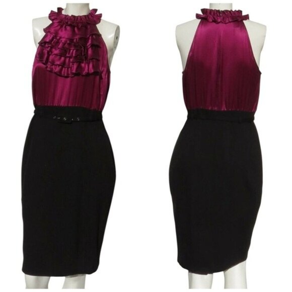 INC Magenta Stretch Silk Ruffle Black Ponte Knit Sheath Dress Party US 10 NWT - Picture 1 of 10